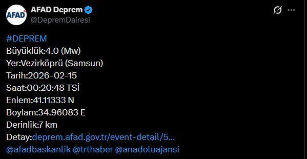 Samsun'da gece yarısı 4 büyüklüğünde deprem