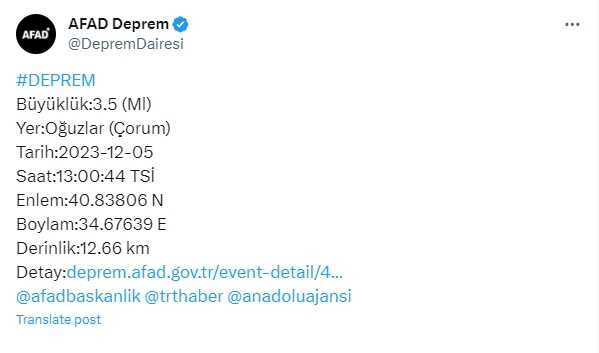 Çorum'da deprem mi oldu, kaç şiddetinde? 5 Aralık Çorum'da nerede deprem oldu?