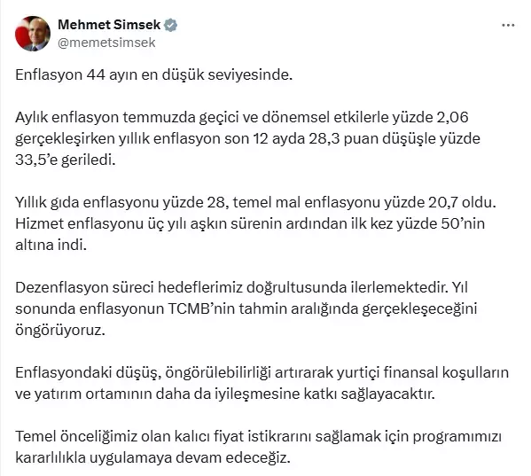 Bakan Şimşek'ten enflasyon açıklaması: 44 ayın en düşük seviyesi