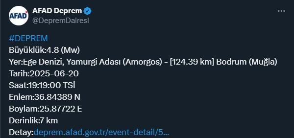 Ege Denizi'nde 4.8 büyüklüğünde deprem