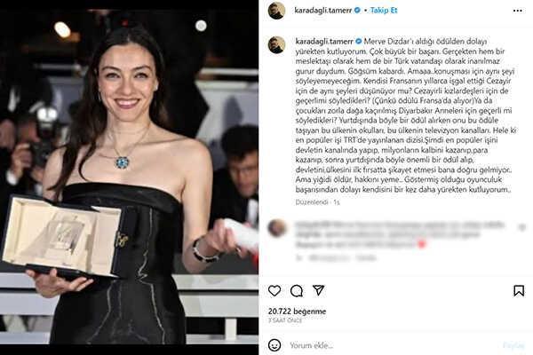 Tamer Karadağlı, Cannes'da ödül alan Merve Dizdar'ı önce övdü sonra eleştirdi