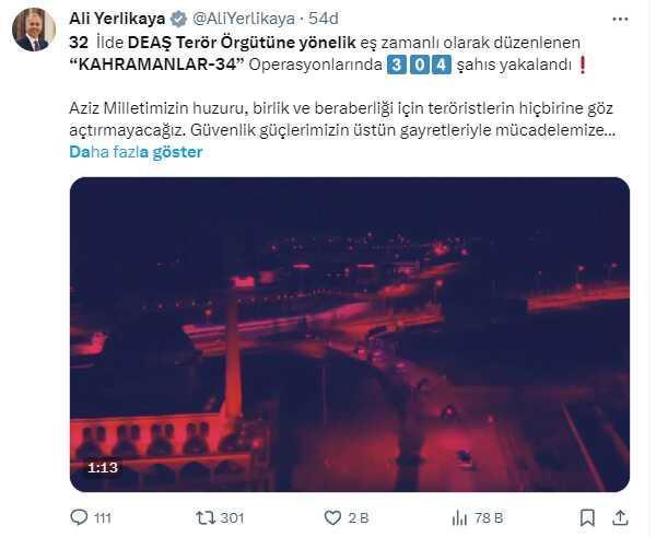 İçişleri Bakanı Ali Yerlikaya: Kahramanlar-34 Operasyonlarında 304 Şüpheli Yakalandı