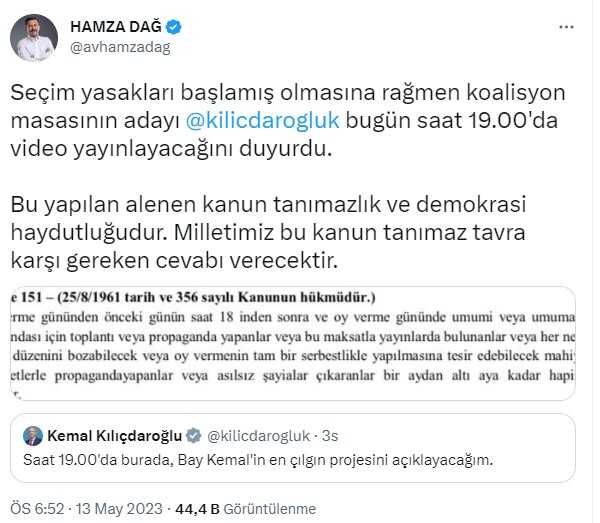 18'den sonra video paylaşan Kılıçdaroğlu'na AK Partili Dağ'dan tepki: Bu yapılan alenen kanun tanımazlık ve demokrasi haydutluğu