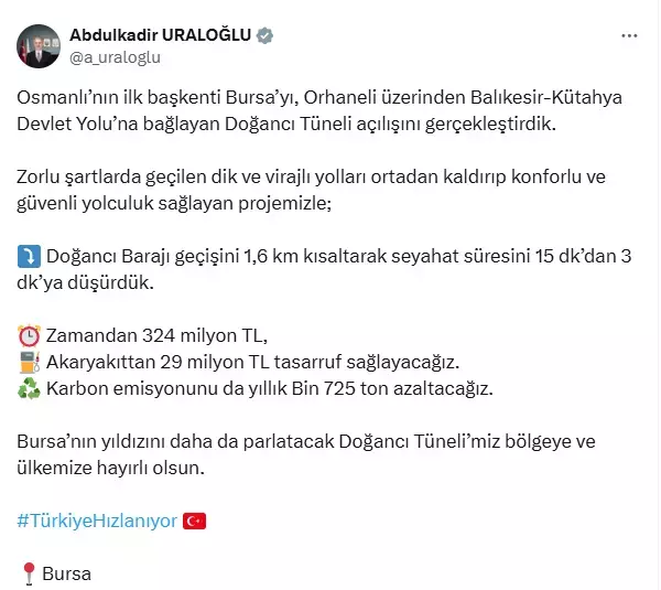 Doğancı Tüneli: Seyahat süresi 15 dakikadan 3 dakikaya düştü
