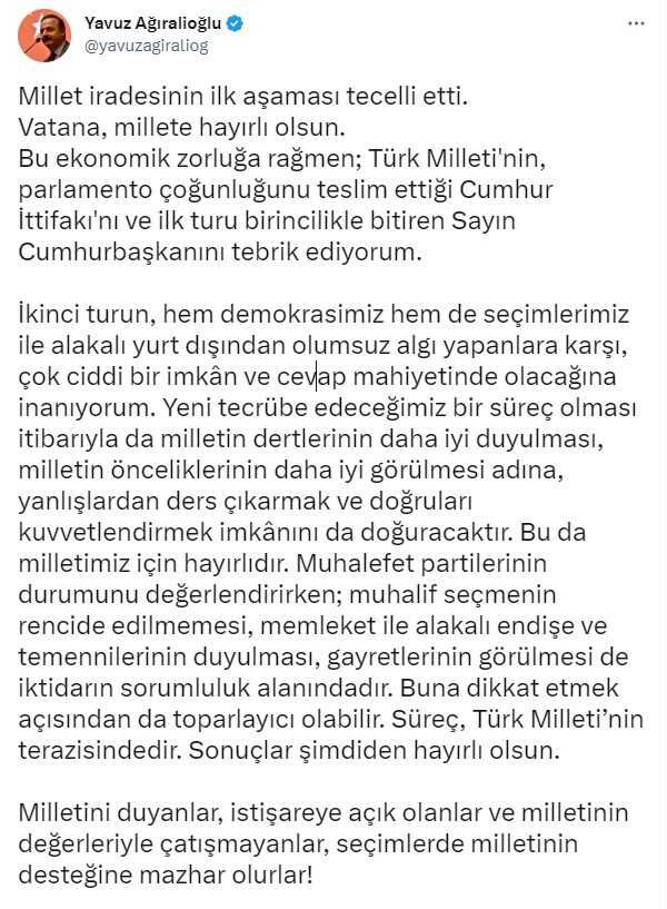 Kılıçdaroğlu'nun adaylığına itiraz edip İYİ Parti'den istifa eden Ağıralioğlu: Terör örgütlerine mesafesizliğin sebep olduğu seçim sonucu