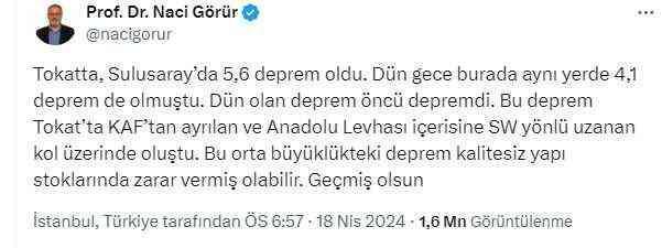 Prof. Dr. Naci Görür'den Tokat depremi sonrası dikkat çeken uyarı