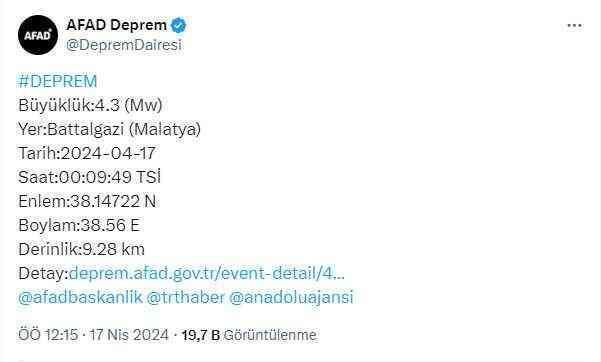 Malatya'da gece yarısı 4,3 büyüklüğünde deprem meydana geldi