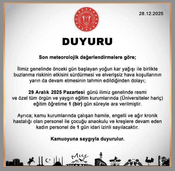 Muş okullar tatil mi? 29 Aralık Pazartesi yarın Muş'ta okul yok mu (KAR TATİLİ – MUŞ VALİLİĞİ)?