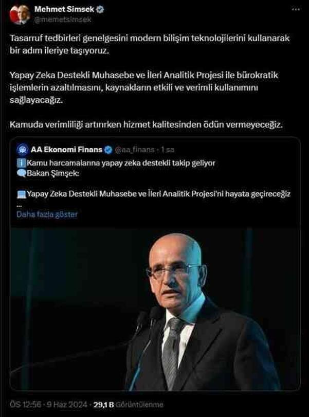 Bakan Şimşek: Kamuda tasarrufta yapay zekayla etkili sonuç alınacak