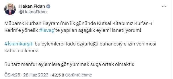 Dışişleri Bakanı Hakan Fidan'dan İsveç'teki Kur'an-ı Kerim yakma eylemine tepki: İfade özgürlüğü bahanesiyle izin verilmesi kabul edilemez
