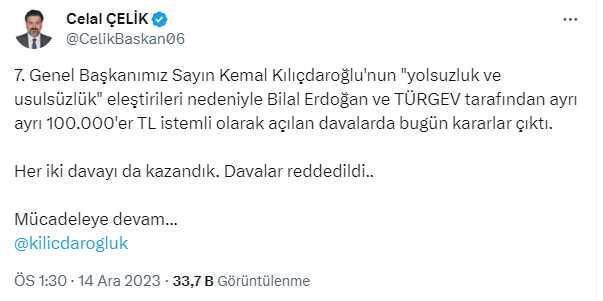 Bilal Erdoğan ve TÜRGEV'in Kılıçdaroğlu'na açtığı tazminat davaları karar
