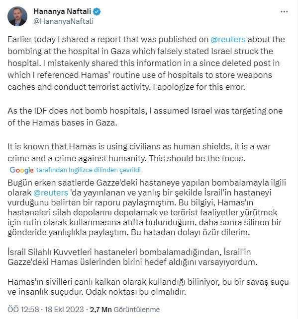 Netanyahu'nun danışmanı, hastane saldırısını İsrail'in yaptığına dair paylaşımını sildi