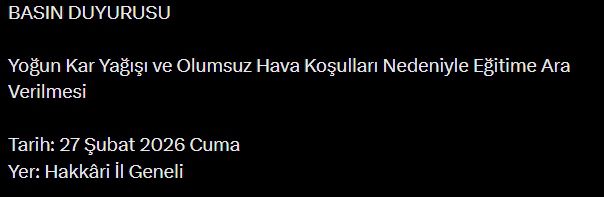 Hakkari okullar tatil mi, 27 Şubat Cuma Hakkari'de okul yok mu (HAKKARİ VALİLİĞİ - KAR TATİLİ)?