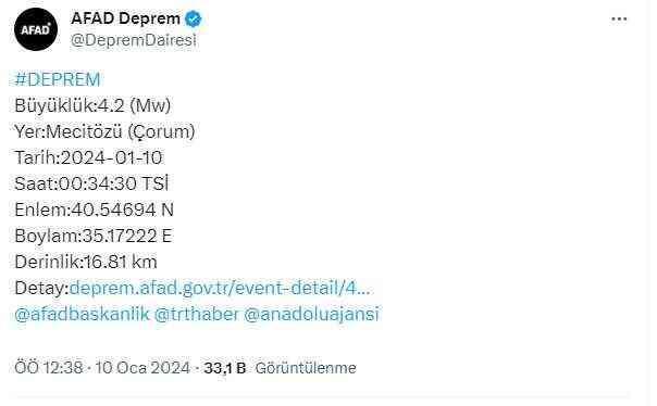 Çorum'da 4,2 büyüklüğünde deprem meydana geldi