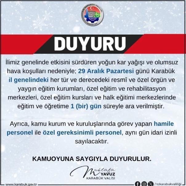 Karabük okullar tatil mi? 29 Aralık Pazartesi yarın Karabük'te okul yok mu (KAR TATİLİ)?