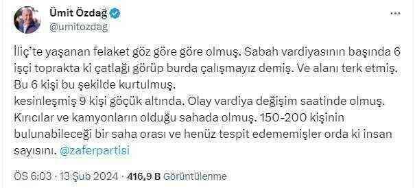 Ümit Özdağ'dan Erzincan'daki maden faciasıyla ilgili açıklama: Topraktaki çatlağı sabah vardiyasındaki işçiler görmüş