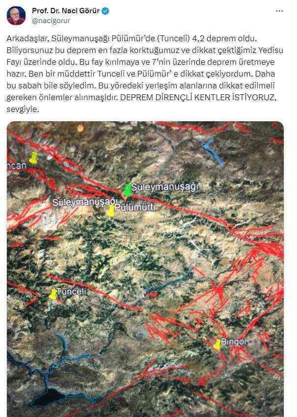 Naci Görür'den Tunceli'deki 4,2'lik sarsıntının ardından korkutan uyarı: Bu fay 7 üzerinde deprem üretmeye hazır