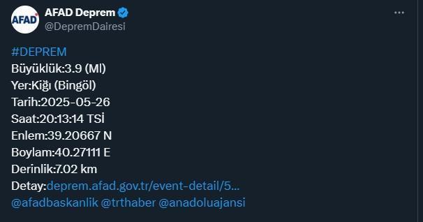 Bingöl'de 3.9 büyüklüğünde deprem