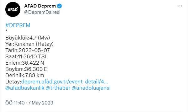 Son Dakika: Hatay'ın Kırıkhan ilçesinde 4.7 büyüklüğünde deprem meydana geldi