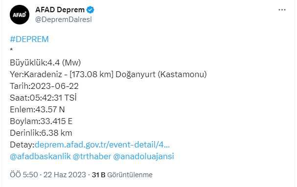 Kastamonu açıklarında 4,4 büyüklüğünde deprem