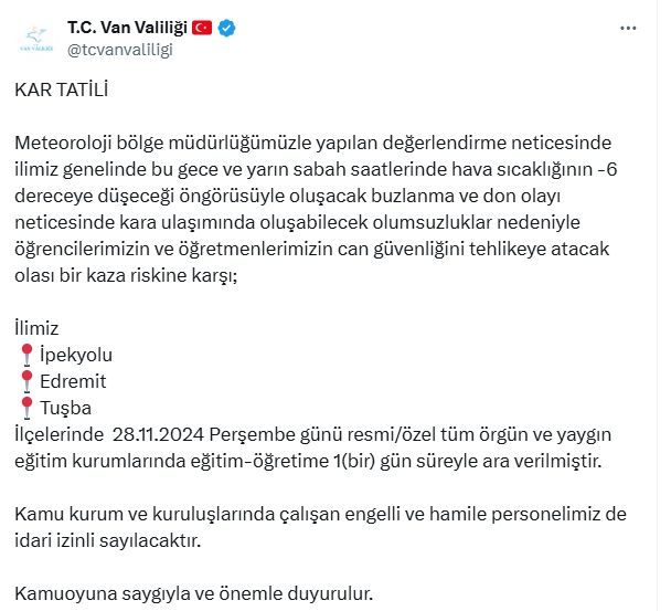 Van okullar tatil mi? 28 Kasım Perşembe Van'da okul yok mu (Van Valiliği Açıklaması)?
