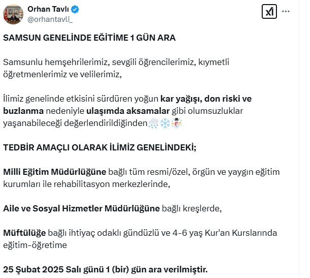 Samsun okullar tatil mi SON DAKİKA? 25 Şubat Salı Samsun okul yok mu (Samsun Valiliği Açıklaması – KAR TATİLİ)?