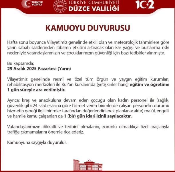 Düzce okullar tatil mi? 29 Aralık Pazartesi yarın Düzce'de okul yok mu (KAR TATİLİ)?