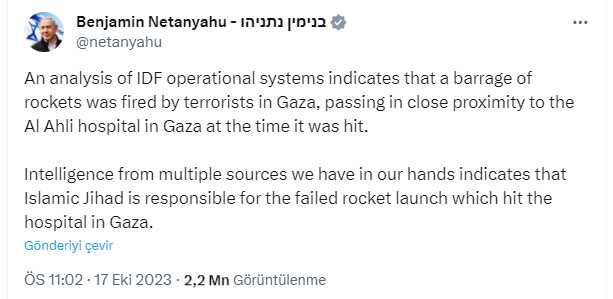 Hastane katliamı sonrası Netanyahu'dan ilk sözler! Saldırıdan Hamas'ı sorumlu tuttular