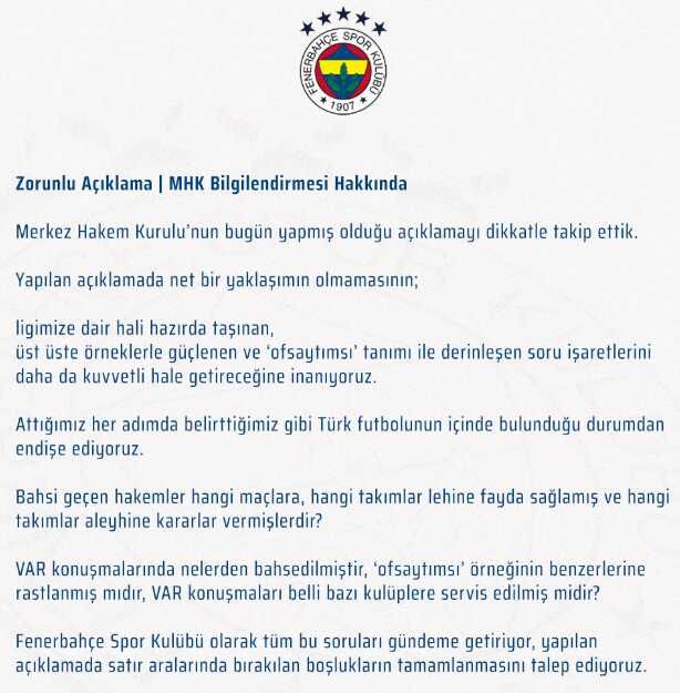 İlk kurşun geldi! Fenerbahçe, hakem kıyımının ardından TFF ve MHK'yi soru yağmuruna tuttu