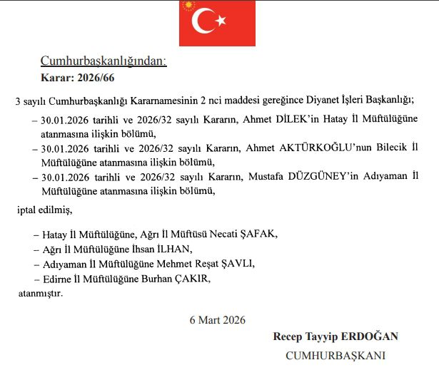 Müftüler Kararnamesi yayınlandı! 7 Mart Resmi Gazete Müftüler Kararnamesi ile Hatay, Ağrı, Adıyaman, Edirne müftüsü kim oldu?