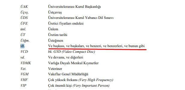 TDK Kısaltmalar Dizini'nde 'vb.' hangisinin kısaltması değildir?
