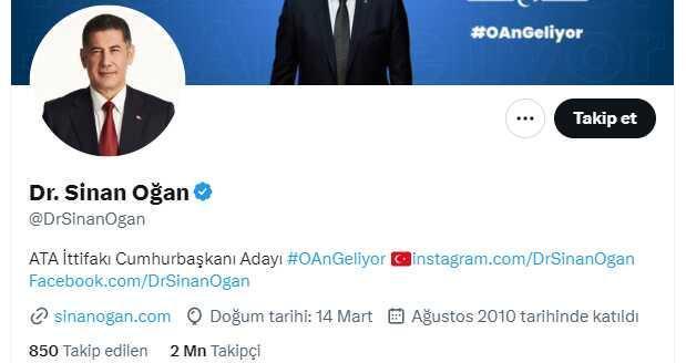 Sinan Oğan, Cumhurbaşkanı Erdoğan'a desteğini açıklaması sonrası kısa sürede 100 binden fazla takipçi kaybetti