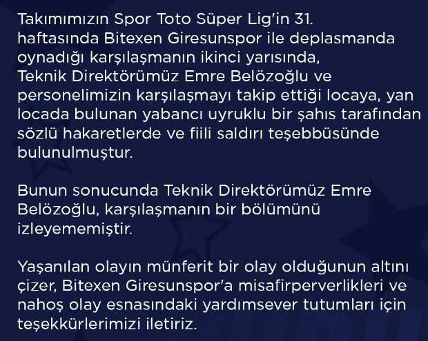Başakşehir'den Emre Belözoğlu'nun statta karıştığı olayla ilgili açıklama: Saldırı teşebbüsü oldu