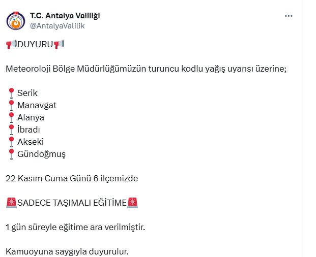 Alanya, Manavgat, Serik 22 Kasım Cuma okullar tatil mi?
