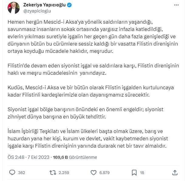 Hamas'ın başlattığı Aksu Tufanı operasyonuna Yeniden Refah, Saadet ve HÜDA PAR liderlerinden destek