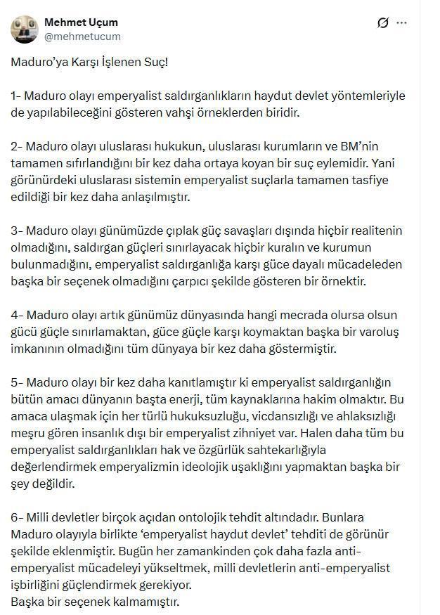 Cumhurbaşkanı Başdanışmanı Mehmet Uçum'dan ABD'ye zehir zemberek Maduro tepkisi