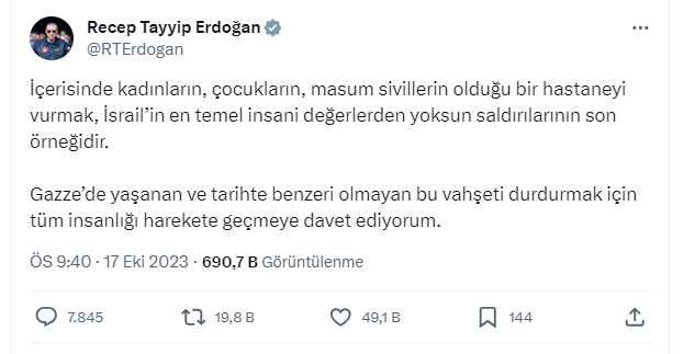 Son Dakika: İsrail'in hastane katliamı sonrası Cumhurbaşkanı Erdoğan'dan dünyaya çağrı: Tüm insanlığı harekete geçmeye davet ediyorum