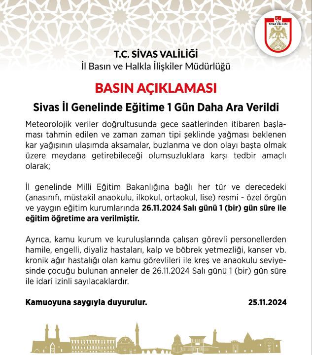 Sivas okullar tatil mi? 26 Kasım Sivas'ta okul yok mu (Valilik Açıklaması)?