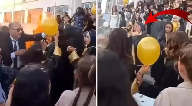 It was caught on camera! A helium-filled balloon exploded during the graduation celebration at school.