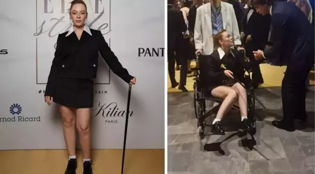 Demet Evgar, who got injured on the set, used a wheelchair at the award ceremony.