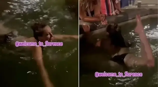 An English female tourist swimming topless in the historical fountain in Florence drew attention.