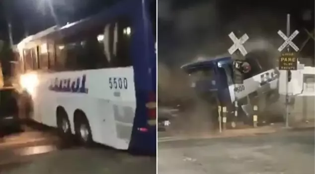 A fast train in Brazil split a bus in half on the tracks: The driver and 6 passengers miraculously escaped without any injuries.