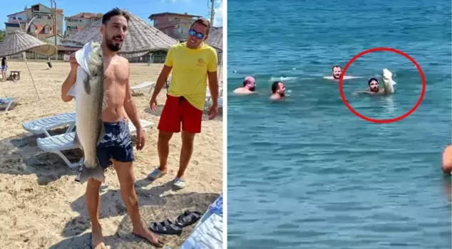 He caught a 6-kilogram sea bass with his hand while swimming in the sea.