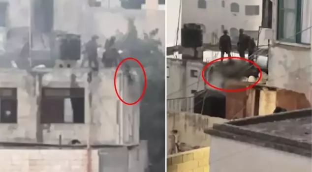 Israel is insatiable in its brutality! They kicked the body of the Palestinian they killed and threw it off the roof.