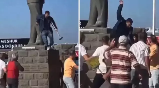 Attack on the Atatürk statue with a sledgehammer! Citizens intervened immediately.