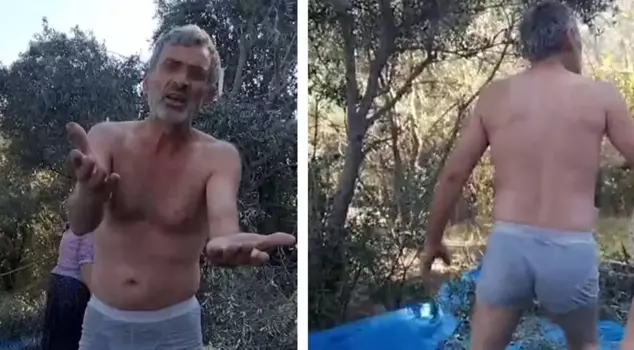 When a dispute broke out in the olive grove, he attacked by stripping off his clothes.