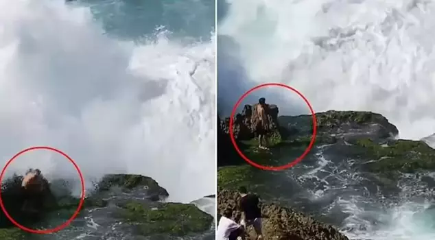 A young person who was taking a selfie on the rocks in Indonesia was swept away by giant waves and went missing.