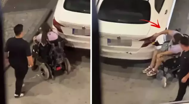 The car parked on the disabled ramp broke its windows and headlights.