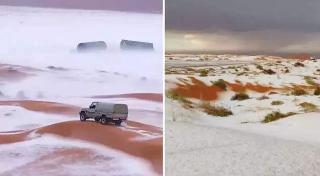 Unexpected hail in Saudi Arabia covered the desert with a white blanket.