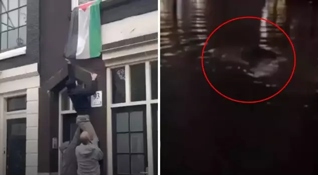 Israeli supporters who took down the Palestinian flag threw it into the river.